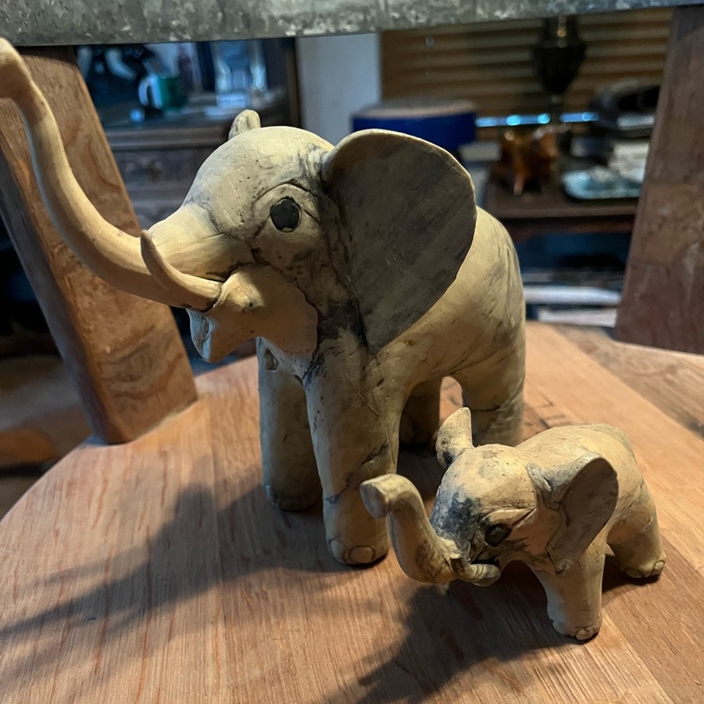 Handcrafted Elephant Figurine Set - crushed oyster shell. 1970’s
